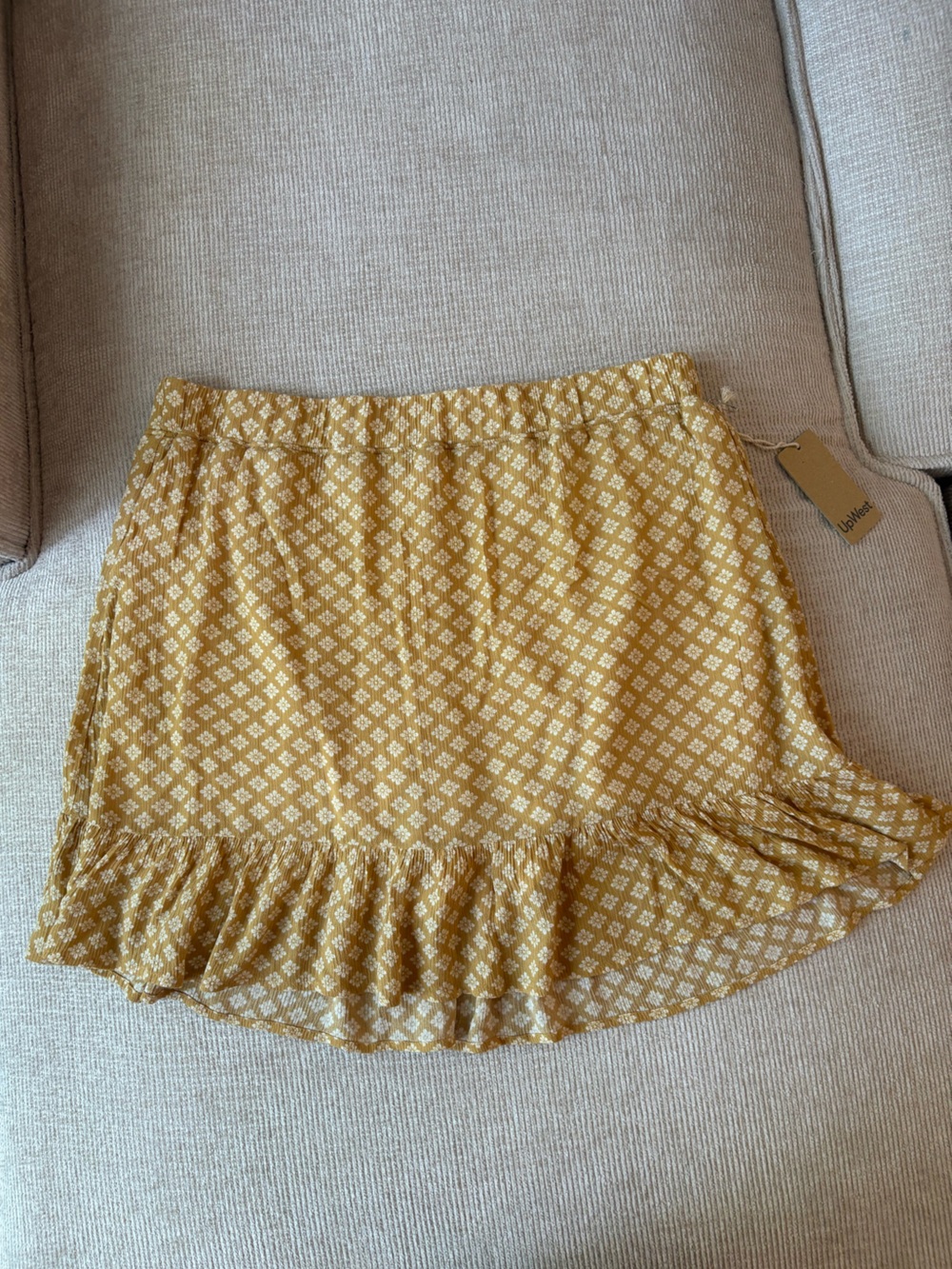 UpWest Mustard Yellow Printed Ruffle Hem Skort, Size Large